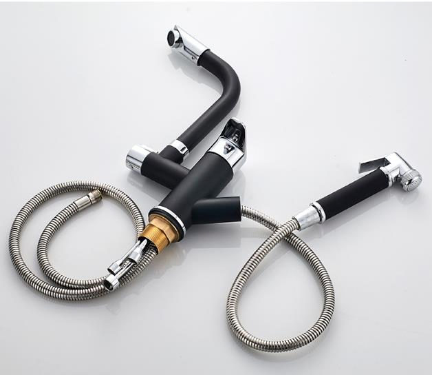 Brass Pull out Basin Faucet Cold Hot Rotary Black Matte Paint Wash Basin Retractable Bathroom Faucet