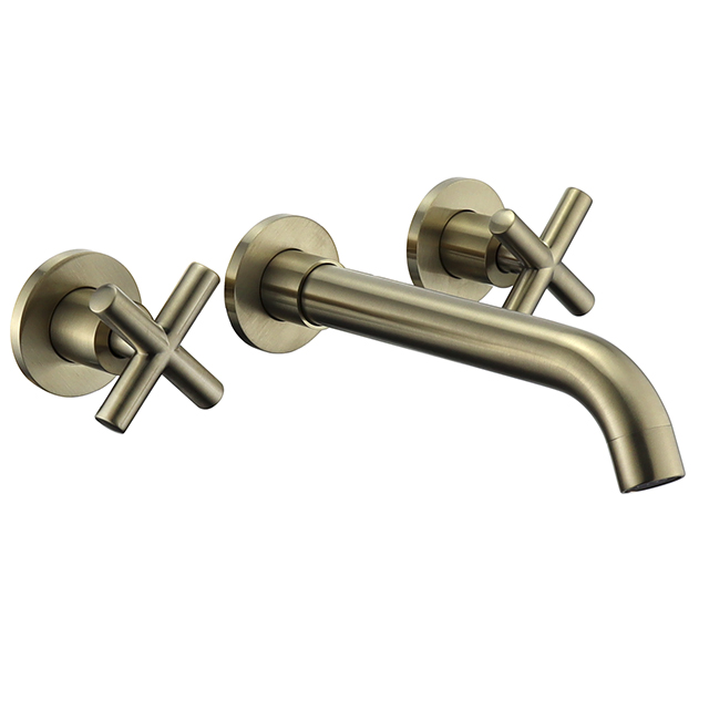 Double Handle Brushed Golden Brass Bathroom Basin Faucet Lavatory Faucet