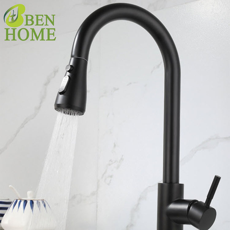 304 Stainless Steel Pull out Kitchen Faucet Luxury with Water Stop Button Mixer Faucet Black Matte