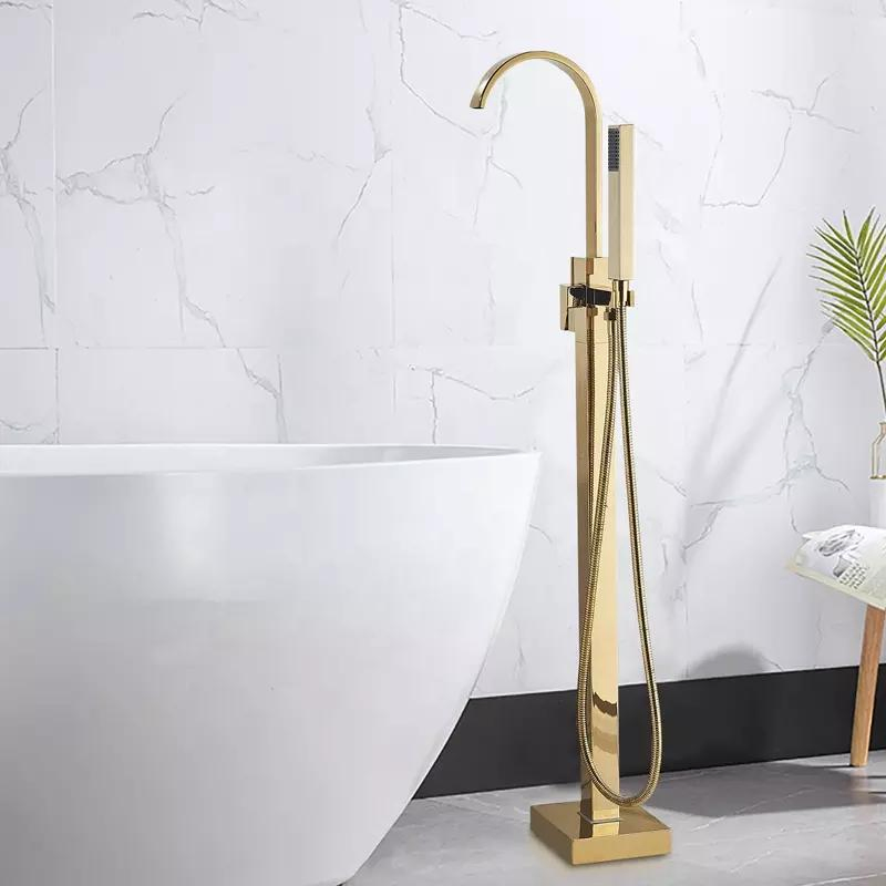 Freestanding Bathtub Shower Faucets Gold Floor Tub Standing Bath Showers Bathroom Water Taps Shower Mixer Tap Bathtub Faucet Set