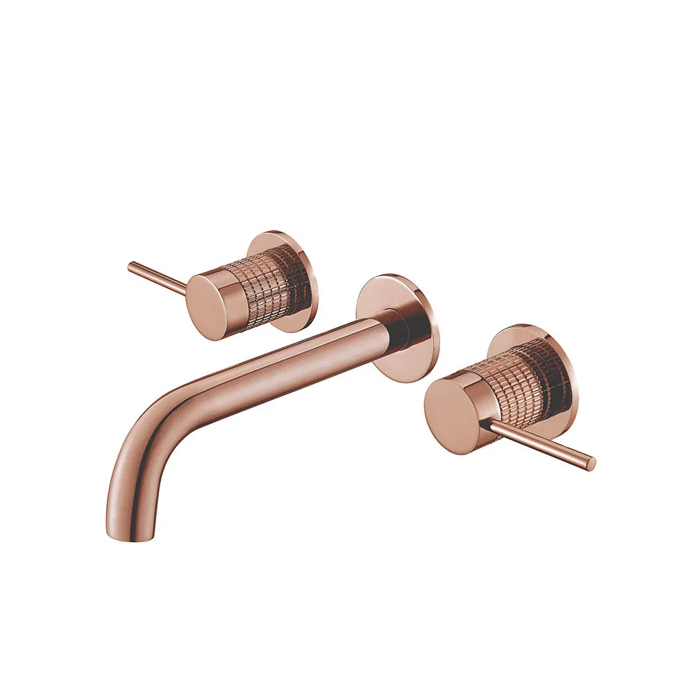 Wall Mounted Brushed Gold Double Holes Bathroom Basin Wash Taps Mixer Brass Concealed Faucet