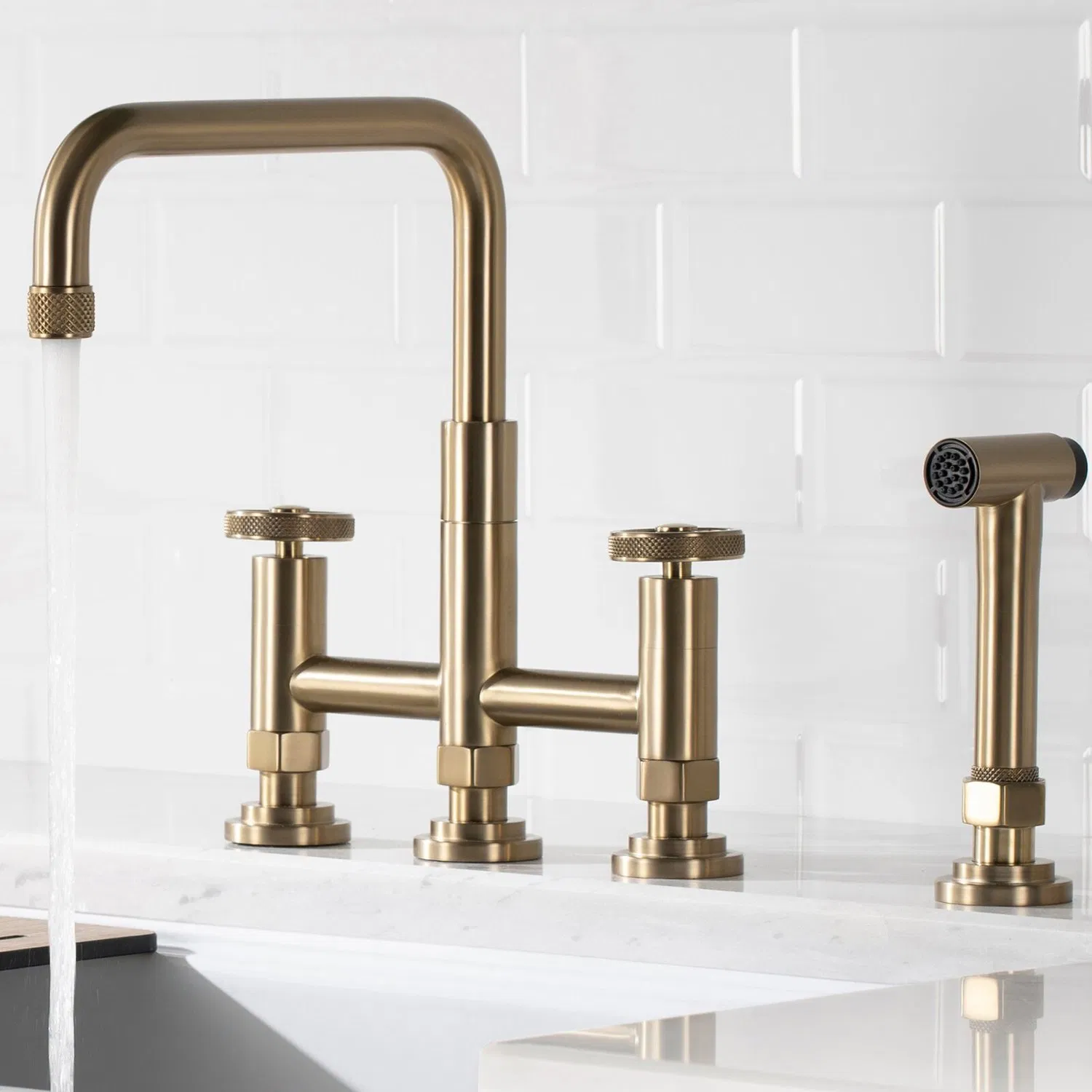 Traditional Bridge Kitchen Tap with Swivel Spout Round Handle Faucet Brushed Gold Bridge Kitchen Faucet