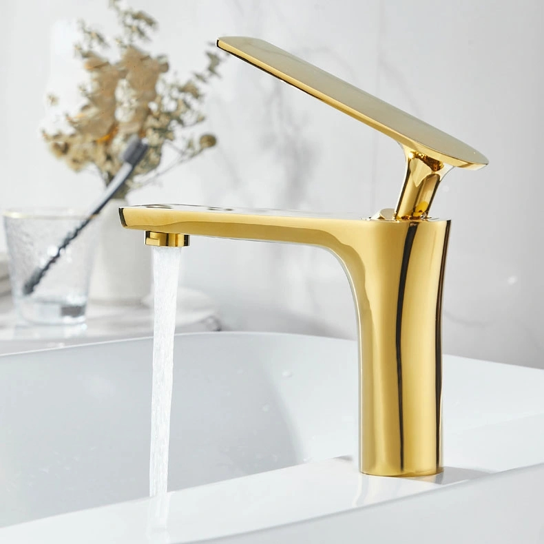 Single Hole Washroom Deck Mounted Hot and Cold Wash Basin Golden Mixer