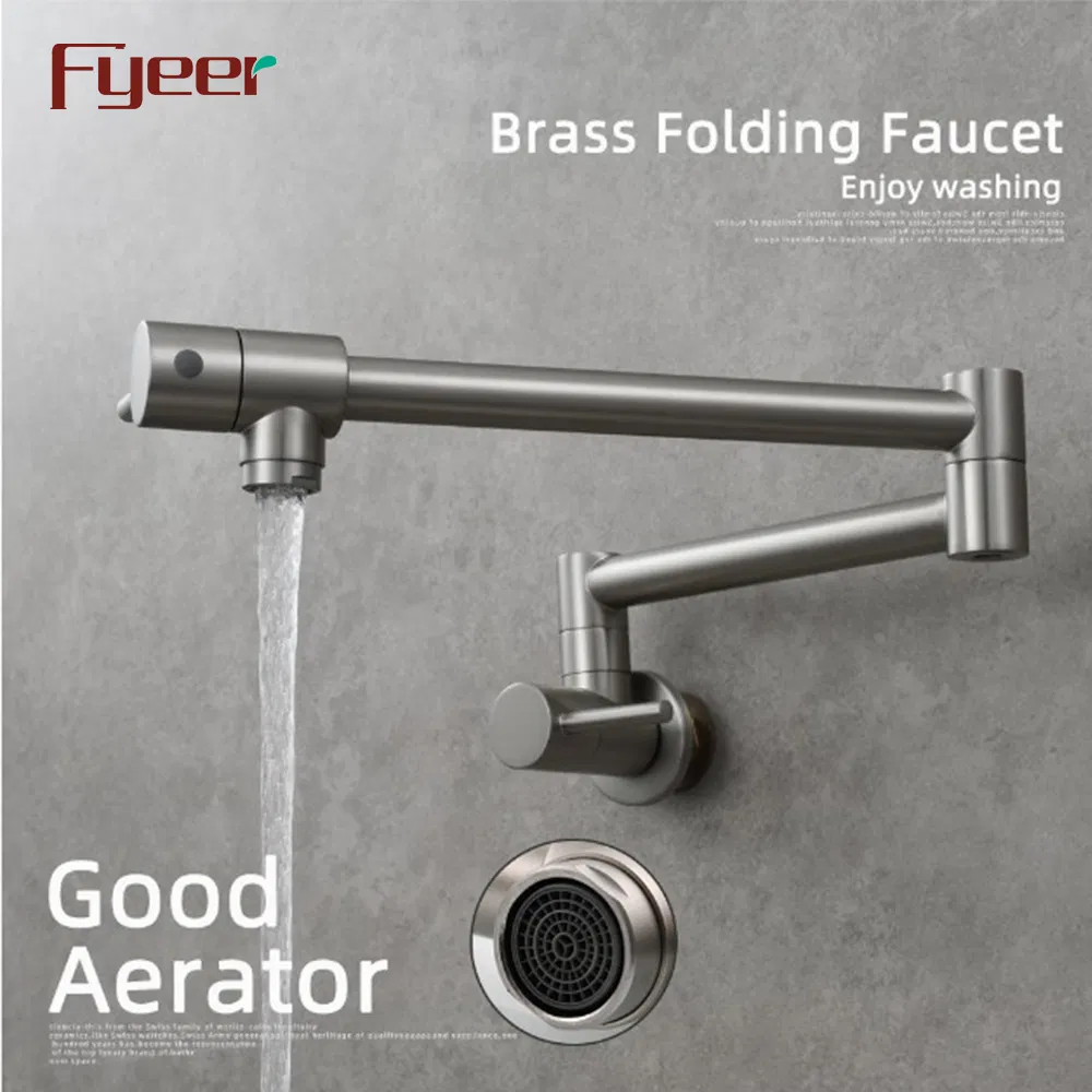 Fyeer Brush Nickle Wall Mounted Folding Kitchen Pot Filler Faucet with Double Joint Swing Arm