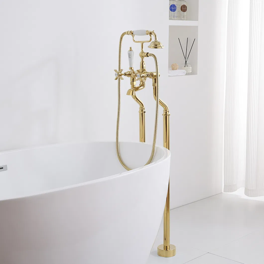 Elegant Gold Brass Dual Function Freestanding Bathtub Faucet for Luxury Bathrooms