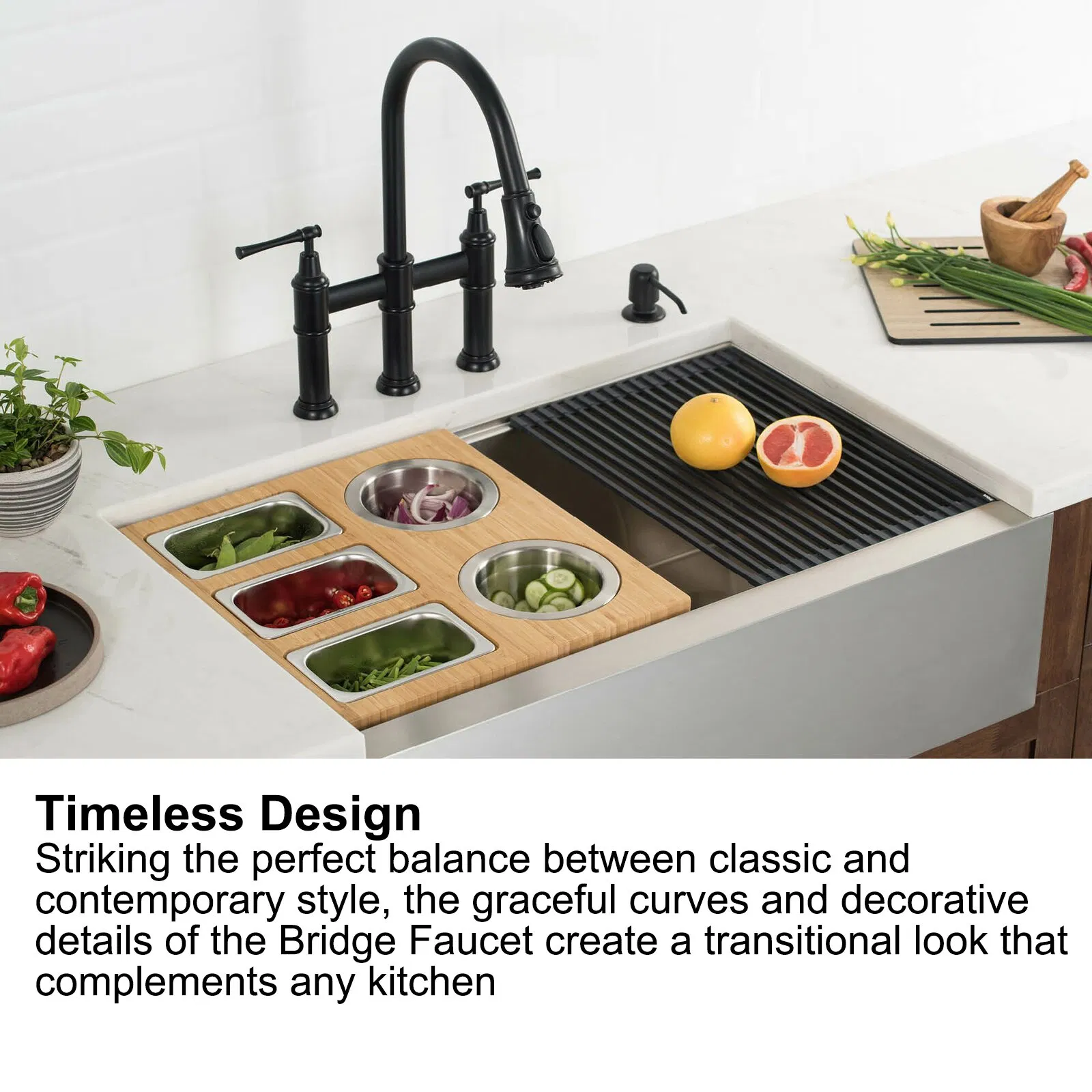 Aquacubic Matte Black Transitional Bridge Kitchen Faucet with Pull Down Sprayer