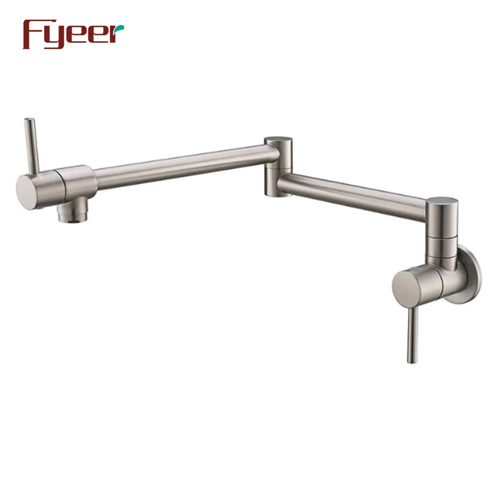 Fyeer Brush Nickle Wall Mounted Folding Kitchen Pot Filler Faucet with Double Joint Swing Arm