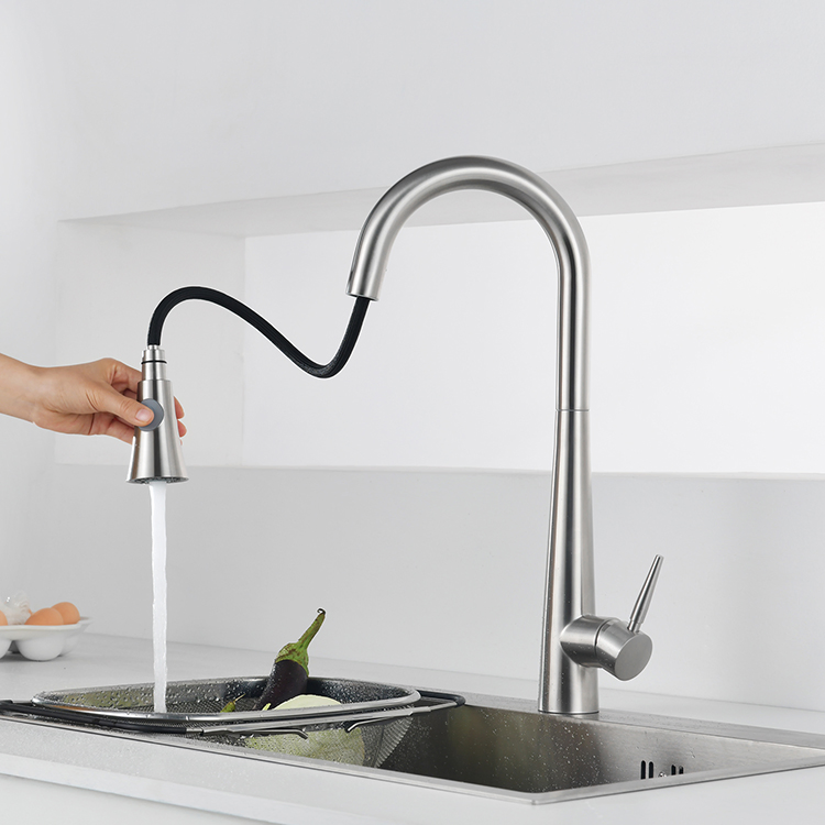 Sanipro Rotatable SUS304 Hot Cold Water Mixer Faucets Brushed Nickel Stainless Steel Pull out Tap for Kitchen Sink