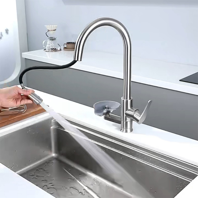 304 Stainless Steel Hot and Cold Kitchen Pull out Faucet with Built-in Cup Washer