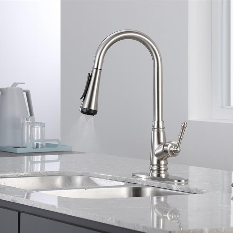 4 Modes Farmhouse Single Handle RV with Deck Plate Brushed Nickel Kitchen Sink Faucet with Pull Down Sprayer