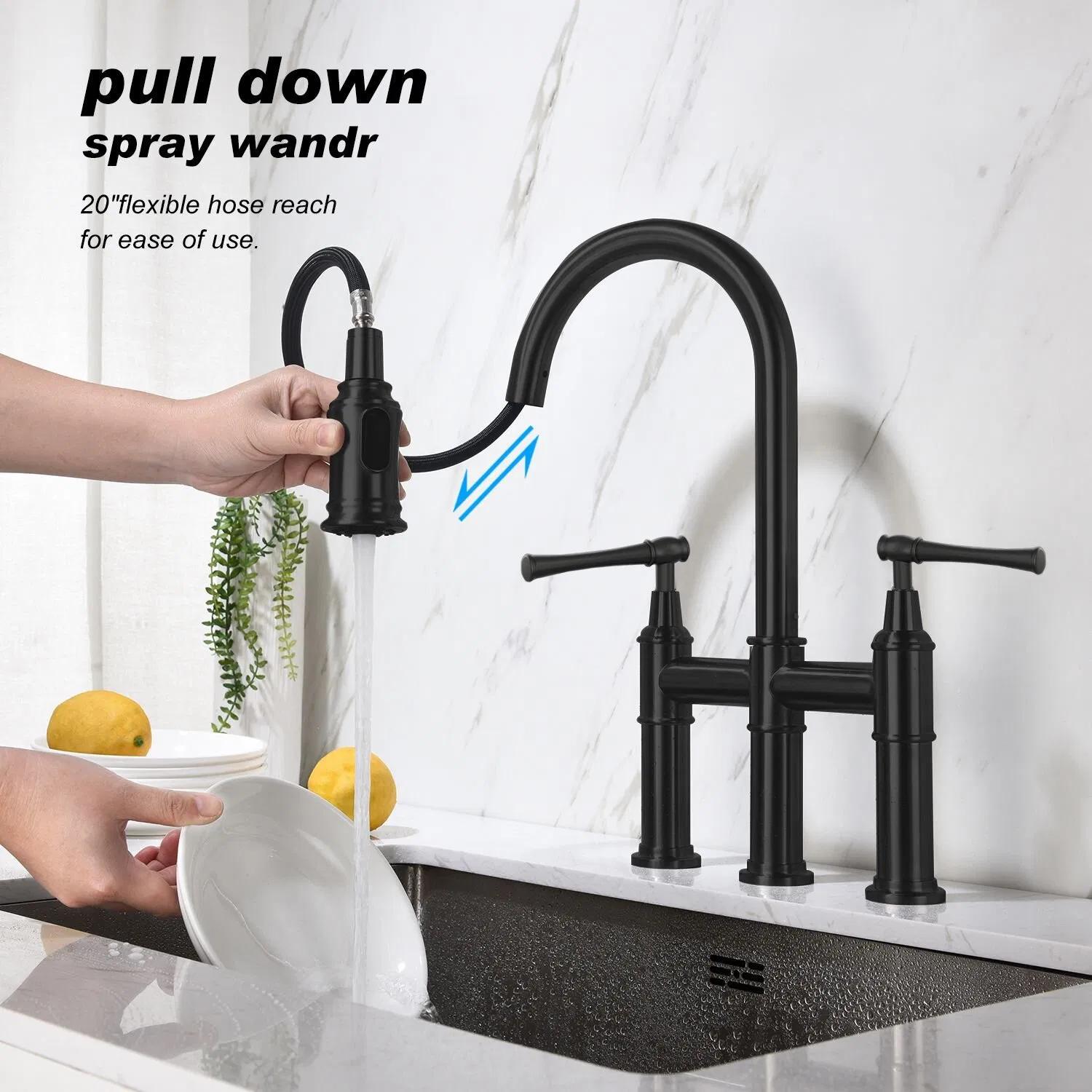 Aquacubic Matte Black Transitional Bridge Kitchen Faucet with Pull Down Sprayer