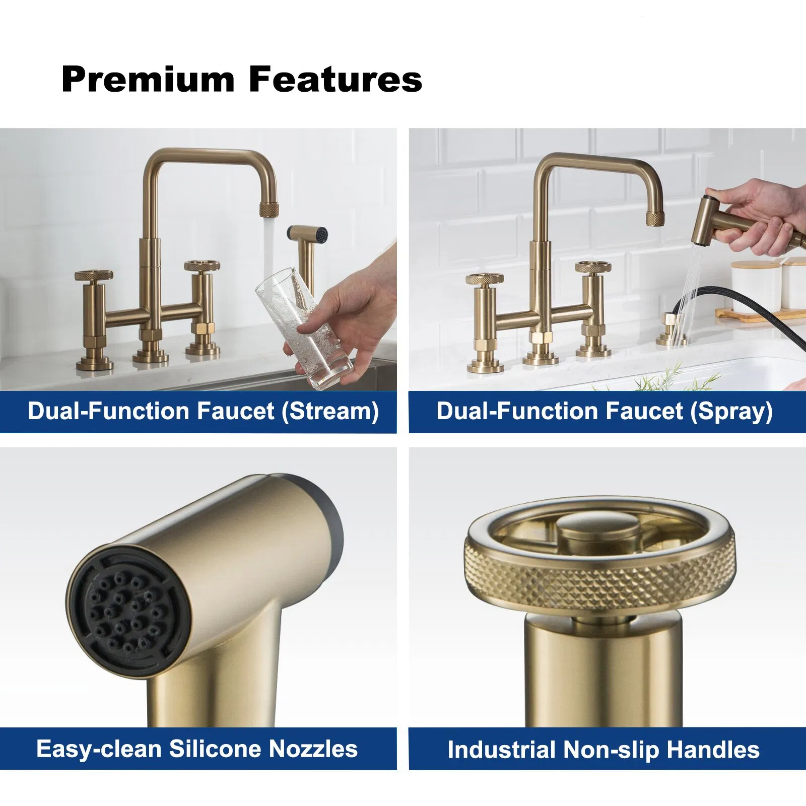Traditional Bridge Kitchen Tap with Swivel Spout Round Handle Faucet Brushed Gold Bridge Kitchen Faucet