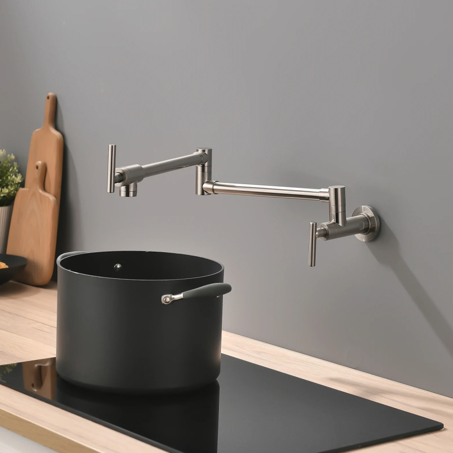 Foldable Wall Mount Pot Filler Tap Black Brass Swivel Arm Kitchen Faucet for Hotel