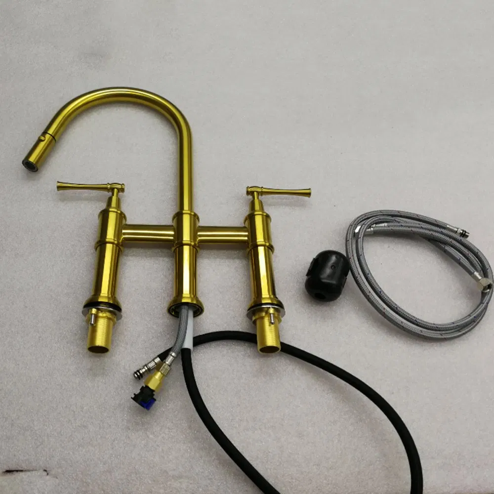 Aquacubic Brushed Nickel Bridge Kitchen Antique Faucet with Pull-Down Sprayhead