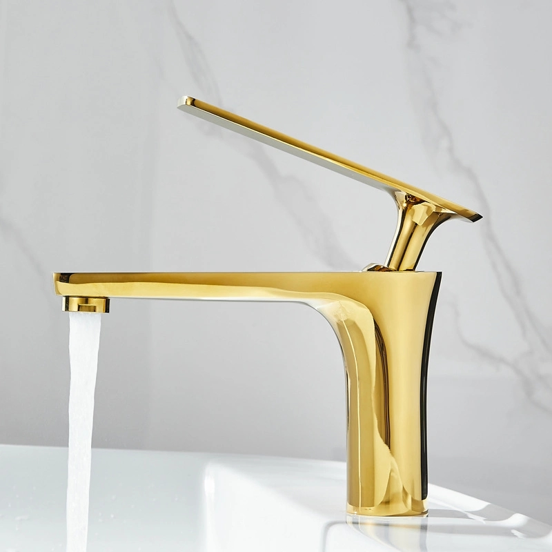 Single Hole Washroom Deck Mounted Hot and Cold Wash Basin Golden Mixer