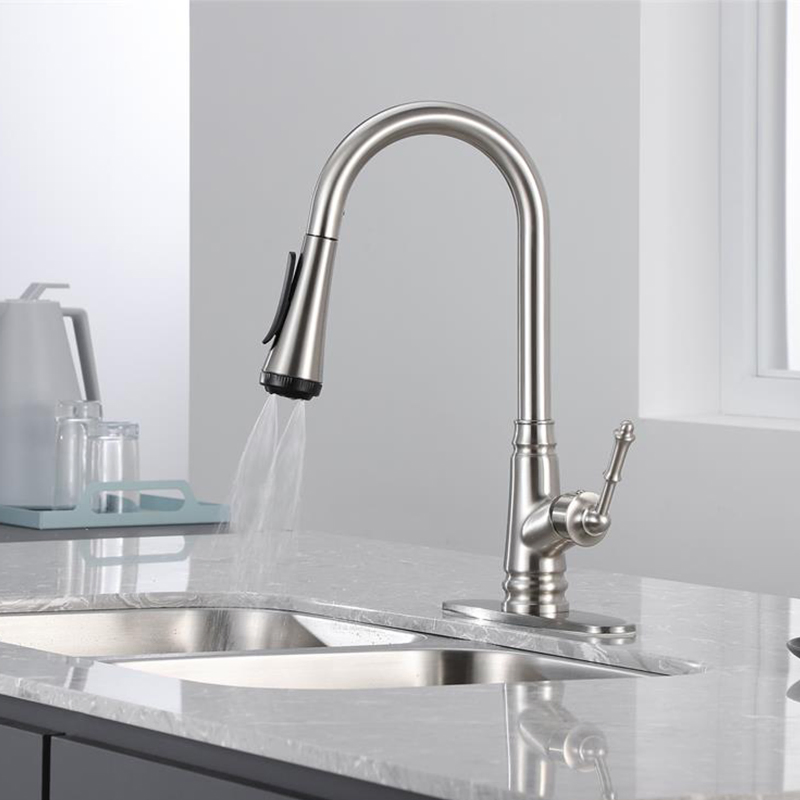 4 Modes Farmhouse Single Handle RV with Deck Plate Brushed Nickel Kitchen Sink Faucet with Pull Down Sprayer