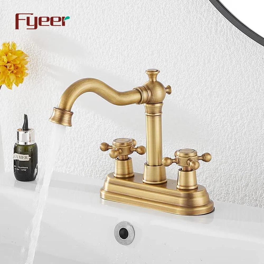 Fyeer Double Hole Deck Mounted Antique Brass Bathroom Basin Mixer
