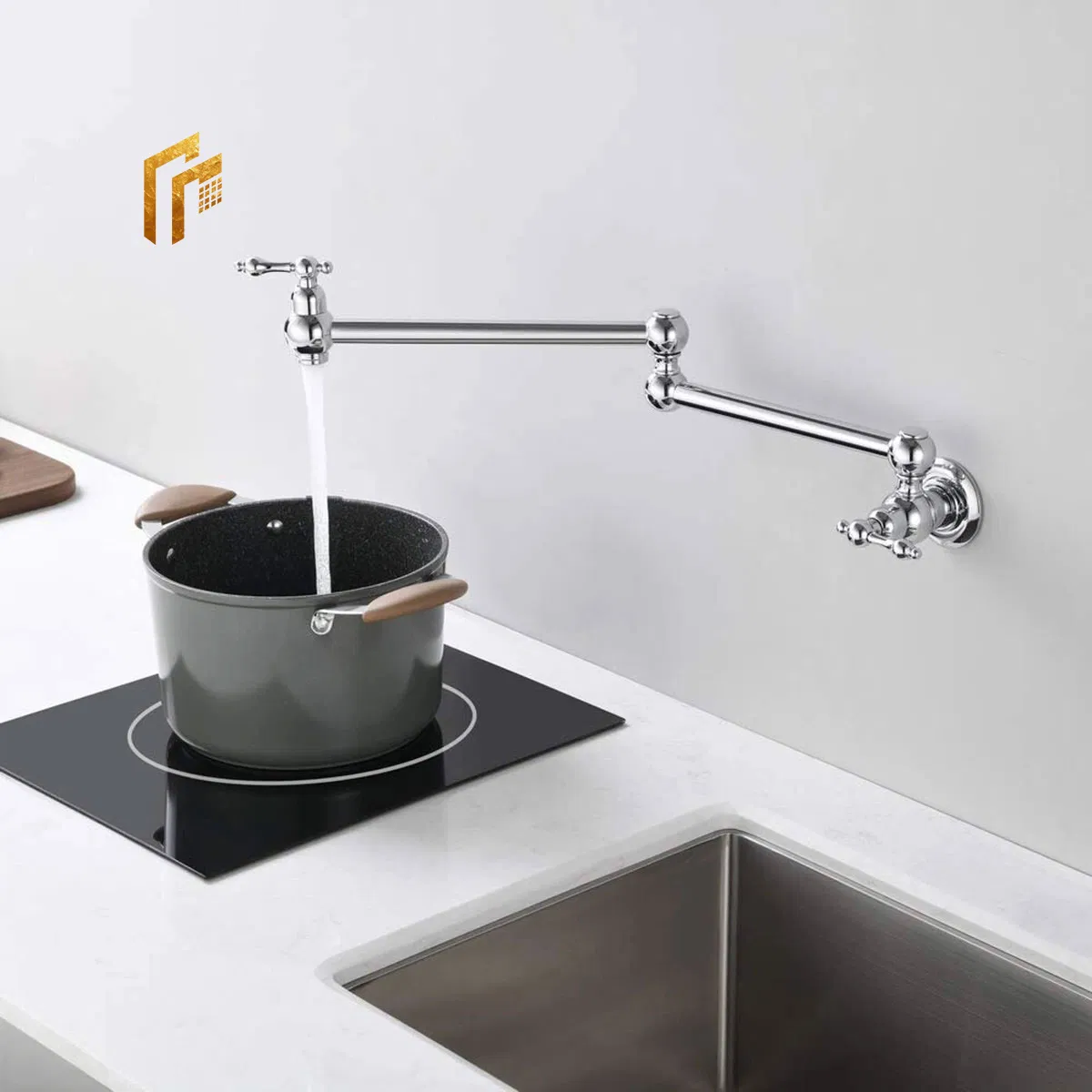 Factory Direct Price Chrome Classic Single Handle Cold Wall Mounted Water Spout Stovetop Tap Above Stove Hob Faucet Pot Filler by Stove