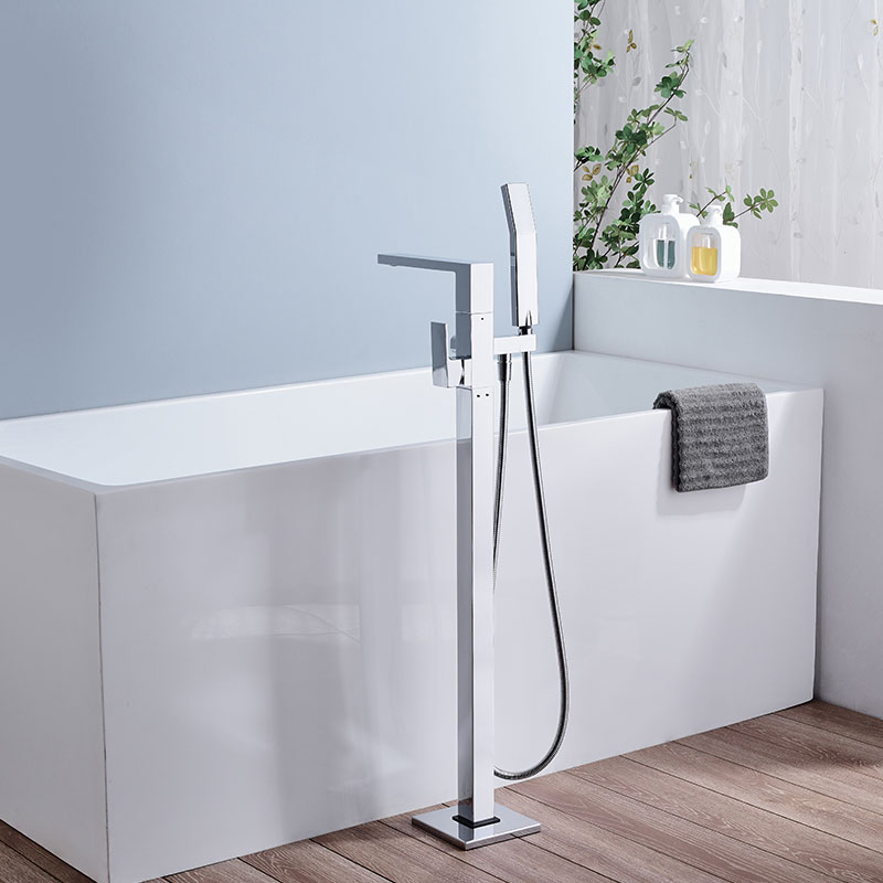 Brass Freestanding Floor Mount Bathroom Bathtub Faucet with Hand Shower