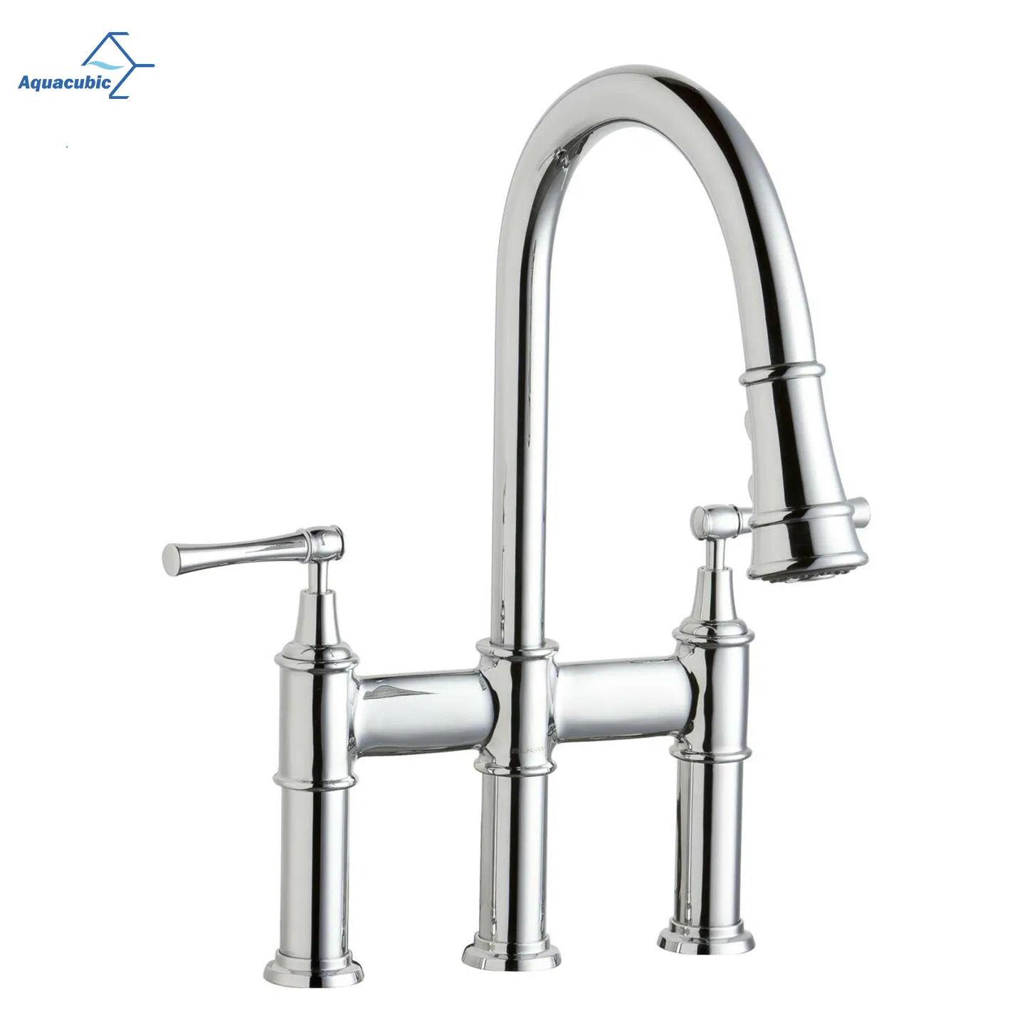 Brushed Nickel Bridge Kitchen Faucet with Pull-Down Sprayhead 3 Hole Kitchen Sink Faucet