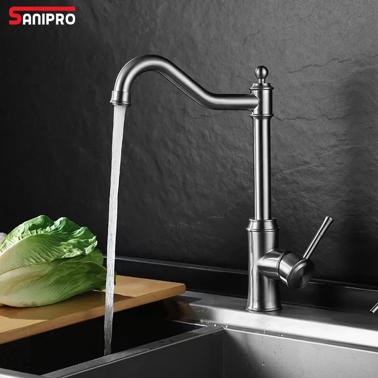Sanipro Factory Direct Supply Bridge Single Lever Kitchen Mixer Sink Water Tap Antique Luxury Stainless Steel Faucets