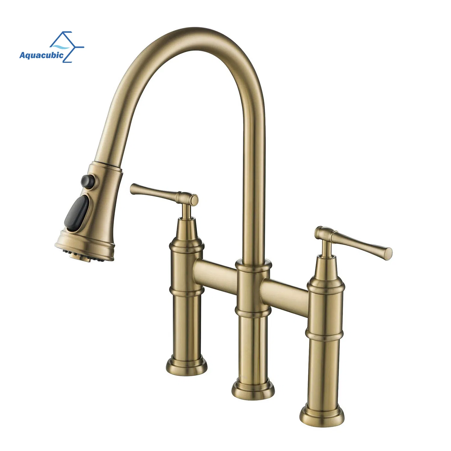 Brushed Nickel Bridge Kitchen Faucet with Pull-Down Sprayhead 3 Hole Kitchen Sink Faucet