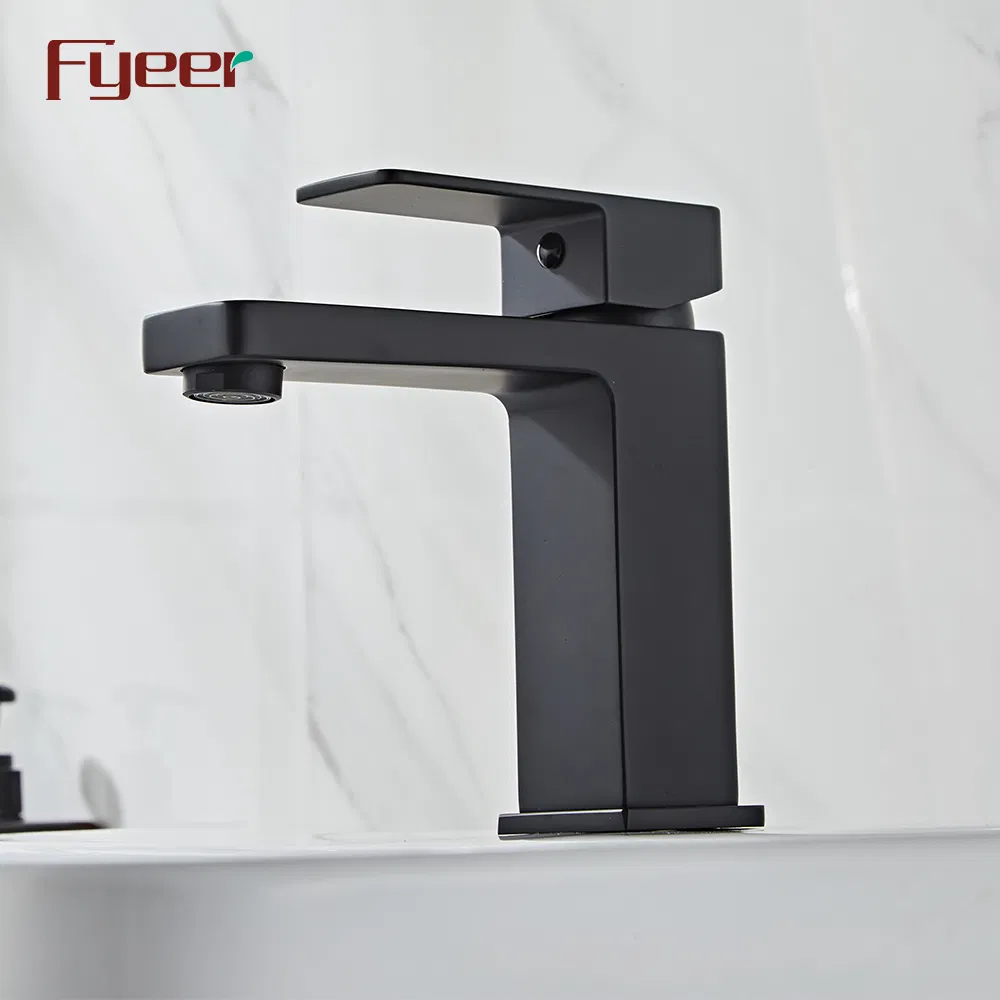 Fyeer Factory Price Matte Black Square Body Solid Brass Bathroom Basin Faucet