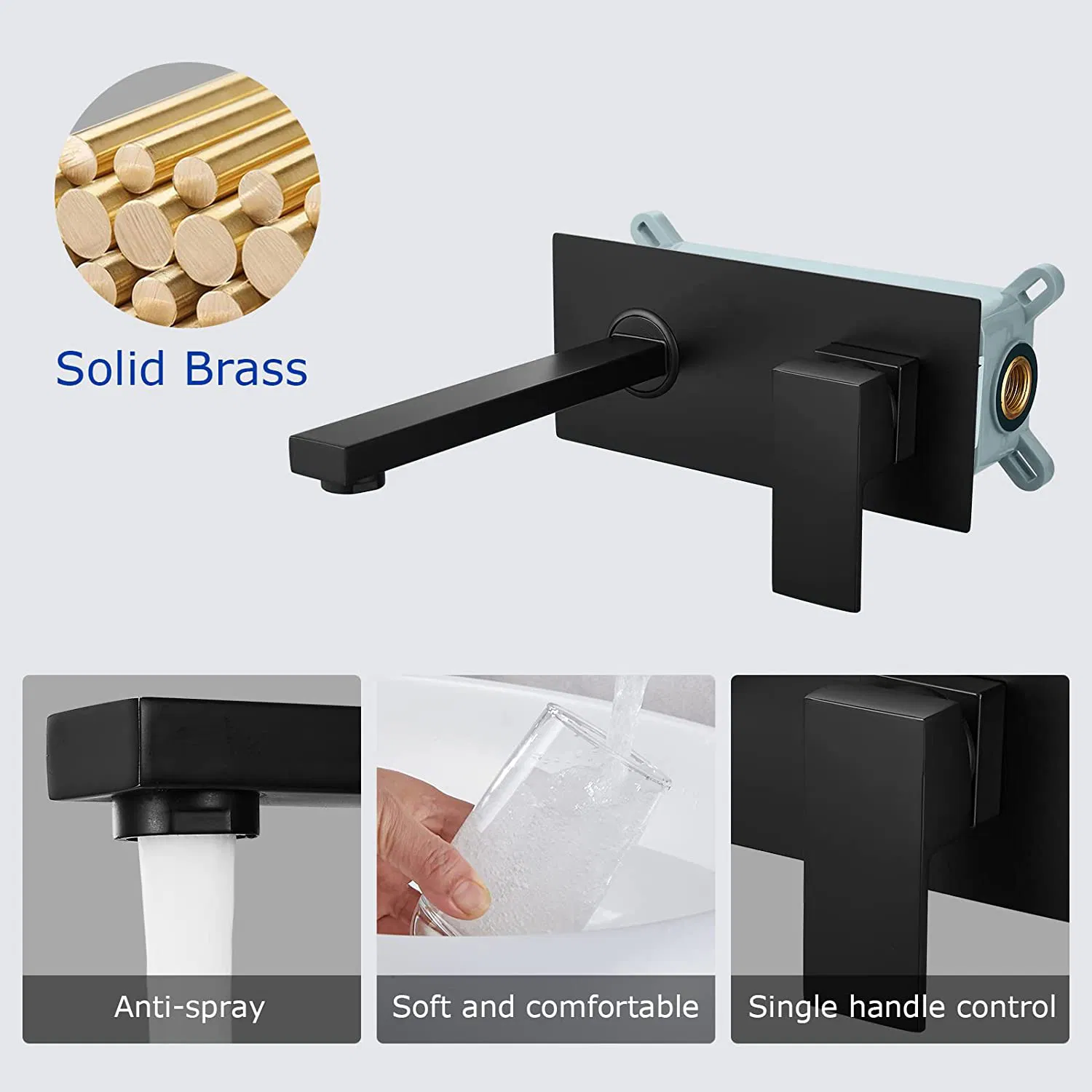 Commercial Matte Black Wall Mounted Mixer Single Handle Bathroom Tap with Embedded Box Square Concealed Basin Faucet