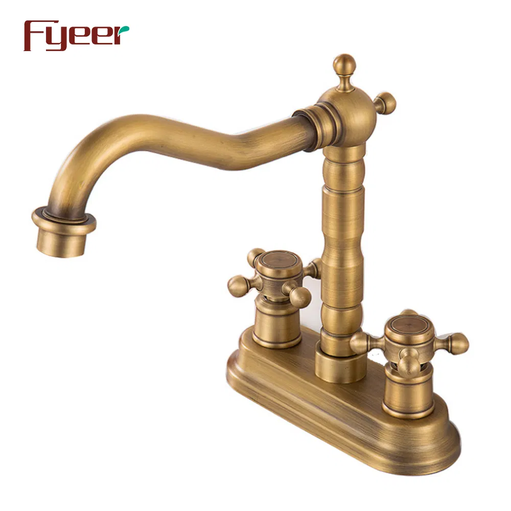 Fyeer Double Hole Deck Mounted Antique Brass Bathroom Basin Mixer