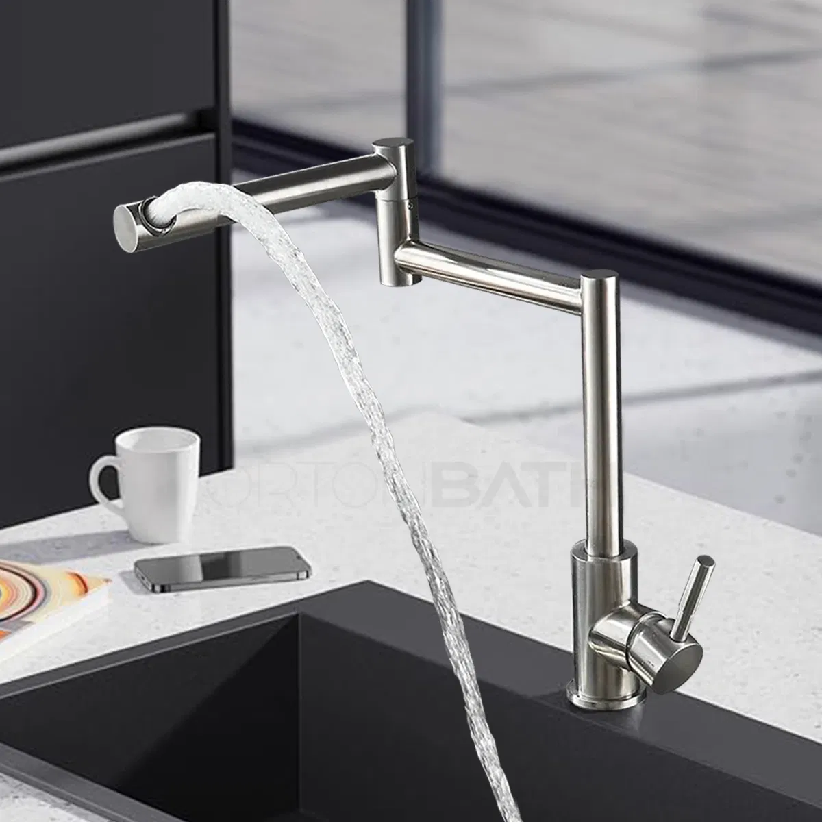 Ortonbath Pot Filler Faucet for Hot Cold Water Folding Kitchen Faucet Black Wall Mount Commercial Restaurant Faucet Brass 3 Handles 2 Hole Double Joint Swivel