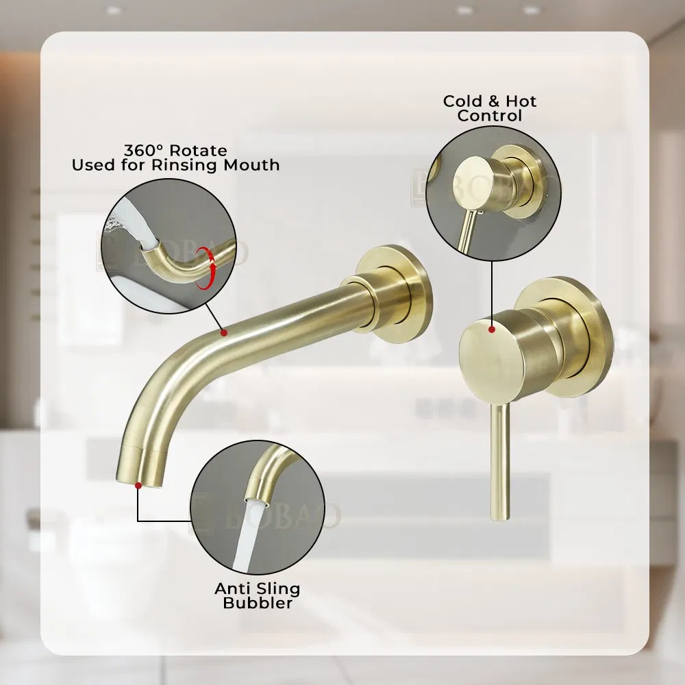 Brushed Gold Hot and Cold Water Tap Wall Mounted Basin Faucet Tap Brass Body Bathroom Faucet