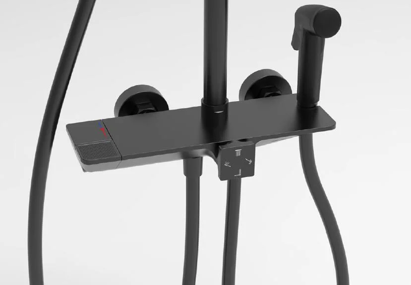 Latest Design Solid Brass Matte Black Four Functions Thermostatic Shower Valve with Shelf Thermostatic Shower Faucet