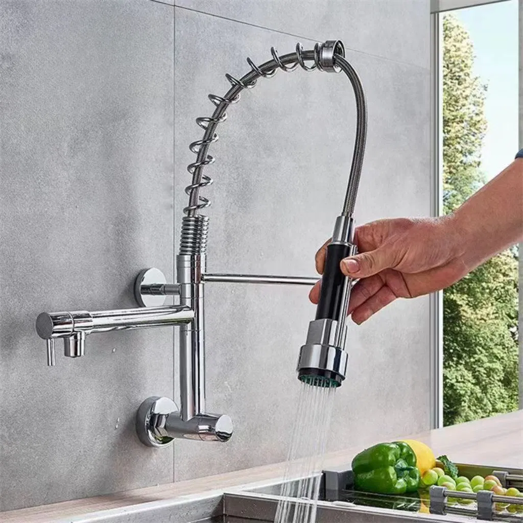 Modern Stainless Steel Pull out Kitchen Faucet 360 Degree Sink Kitchen Tap Spring Commercial Wall Mounted Kitchen Faucet