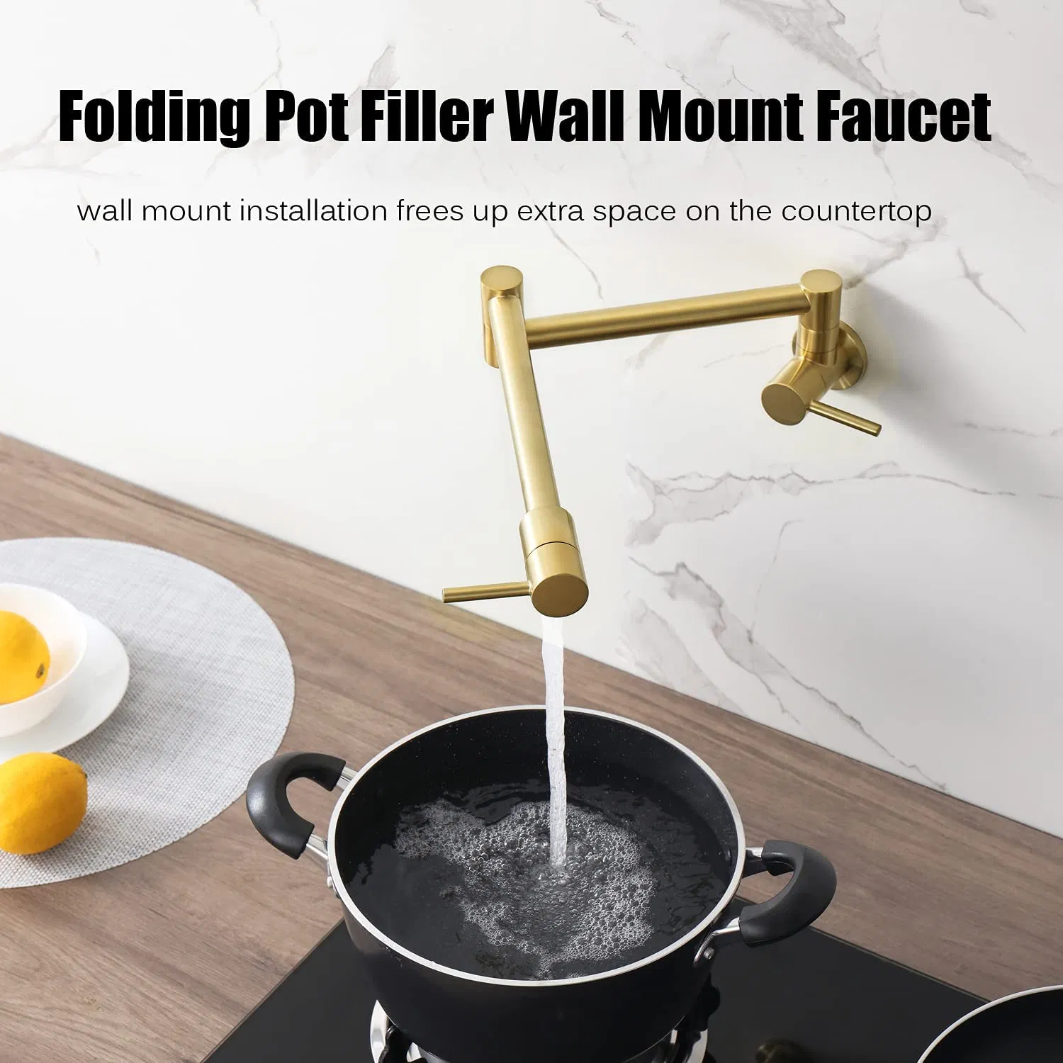 Pot Filler Folding Faucets, Wall Mount Pot Filler Kitchen Faucet Solid Brass, Swing Arm Folding Brushed Gold Modern Kitchen Sink Faucet Folding Stretchable