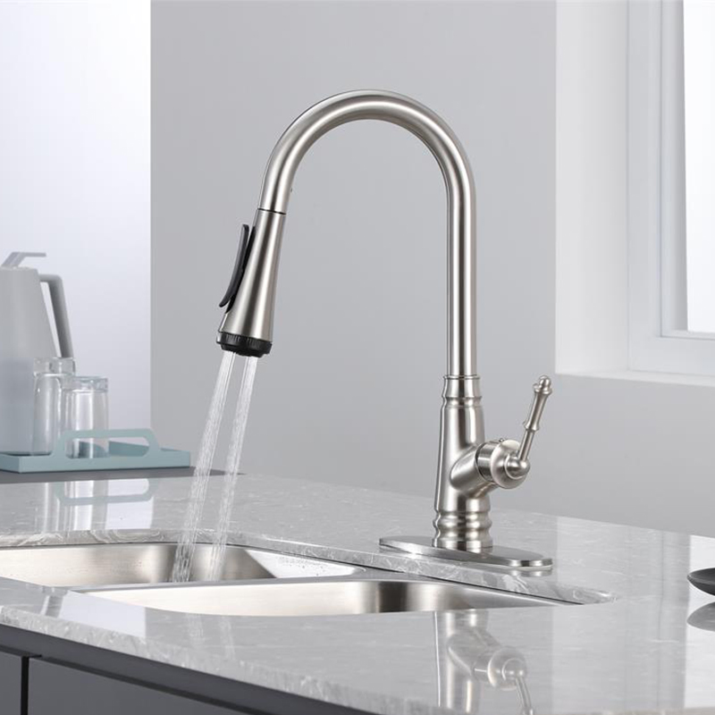 4 Modes Farmhouse Single Handle RV with Deck Plate Brushed Nickel Kitchen Sink Faucet with Pull Down Sprayer
