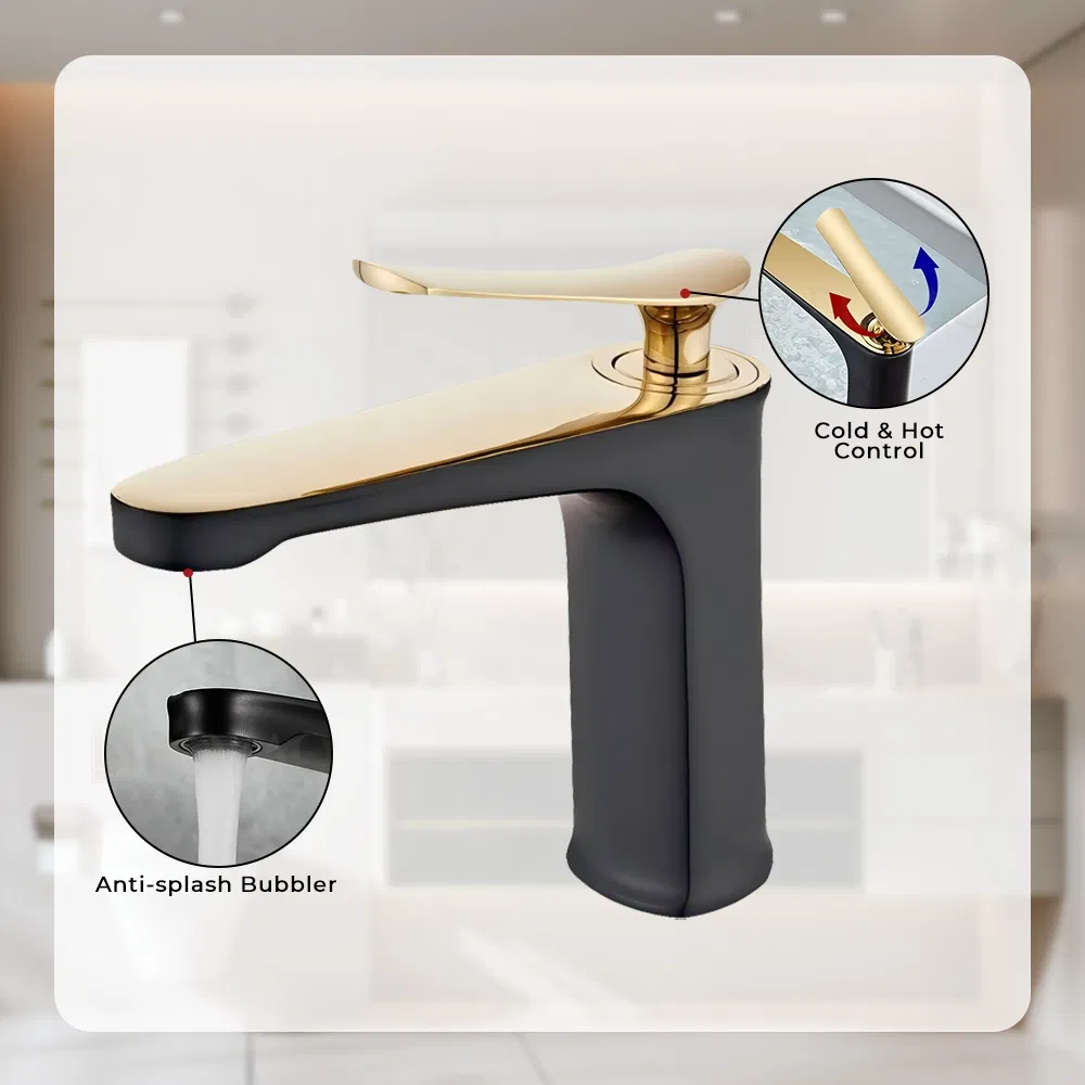 Matte Black+Gold Hot Cold Basin Faucet