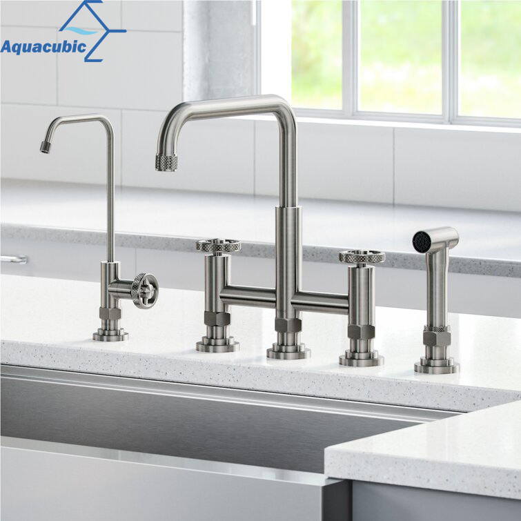 Aquacubic Cupc Brushed Nickel Bronze High Arc Bridge Kitchen Faucet with Side Spray Kitchen Faucet