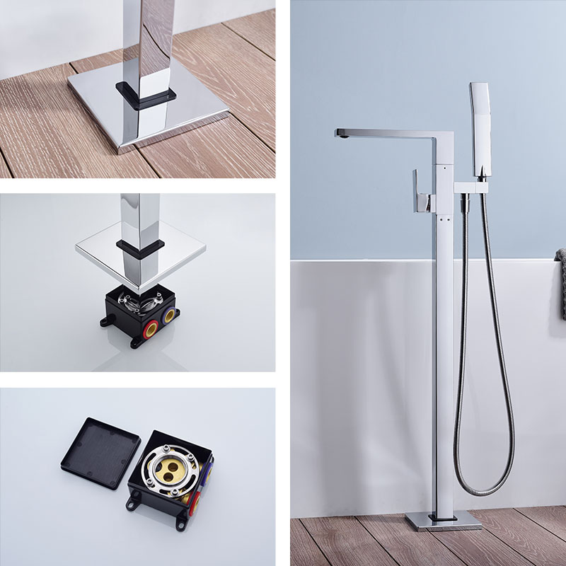 Brass Freestanding Floor Mount Bathroom Bathtub Faucet with Hand Shower
