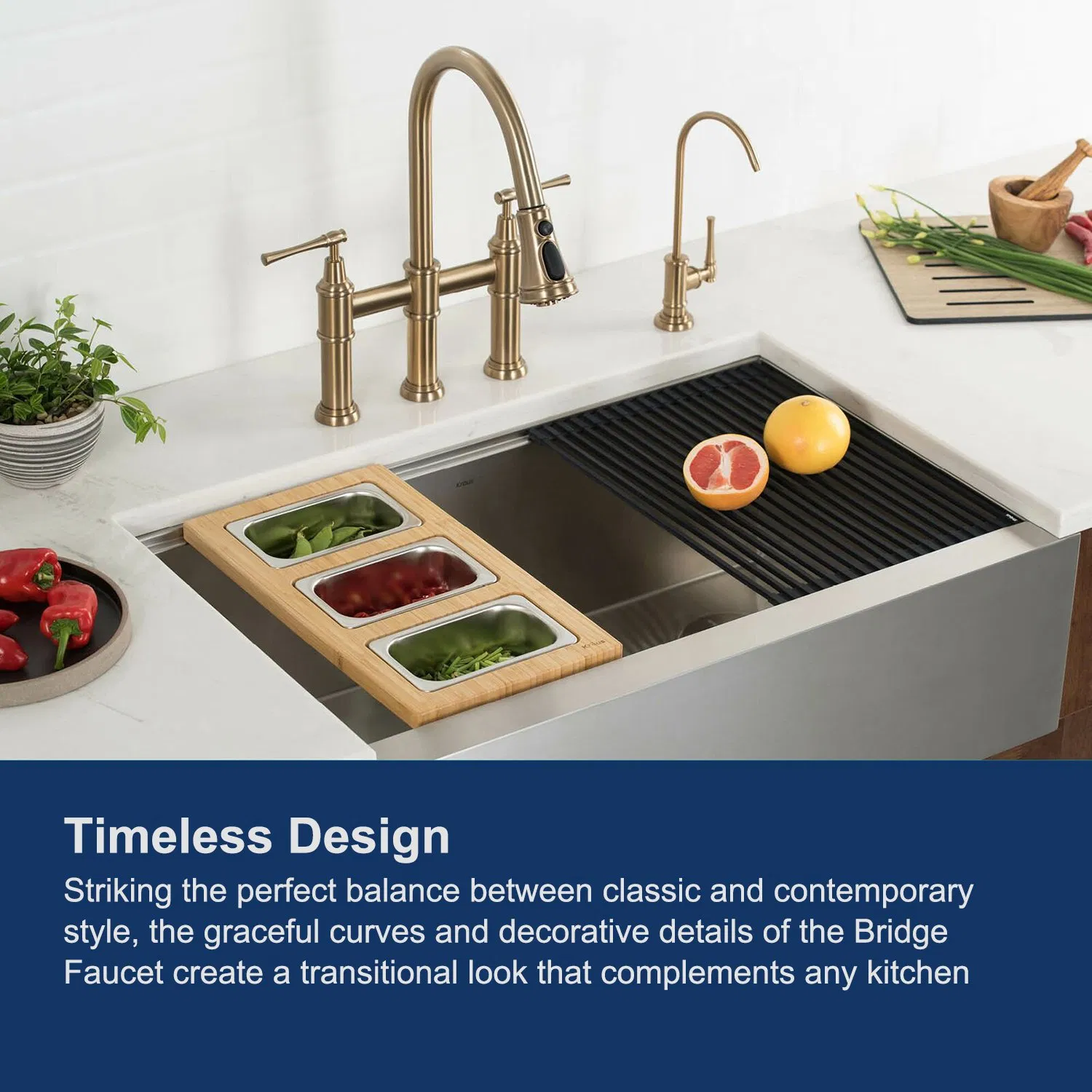 Aquacubic Brass 3 Hole Spot-Resistant Lead-Free Brushed Gold Bridge Kitchen Faucet with Pull Down Sprayer