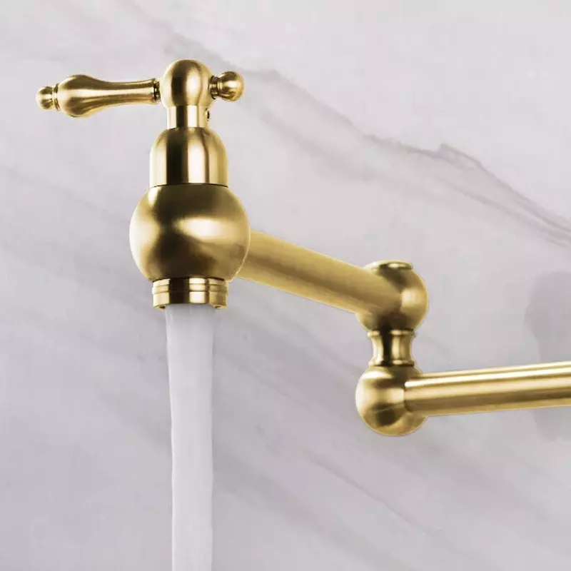 Wall Mount Brushed Gold Brass Folding Pot Filler Dual Handle Kitchen Faucet Stretchable Mixer Tap