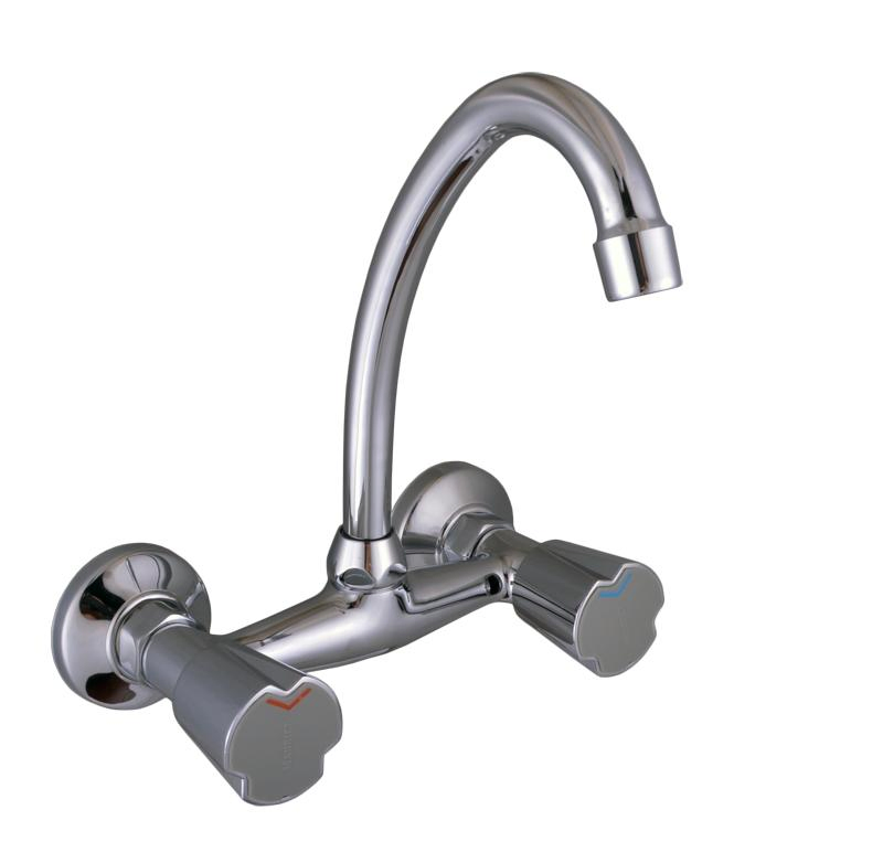 Brass Deck Mounted Double Handle Bridge Kitchen Faucet (H56-107)