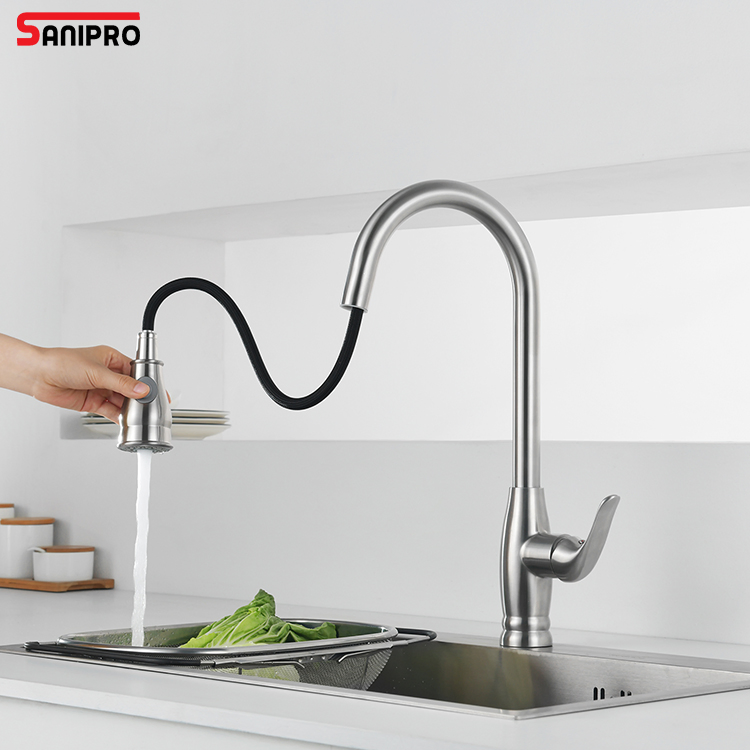 Sanipro Rotatable SUS304 Hot Cold Water Mixer Faucets Brushed Nickel Stainless Steel Pull out Tap for Kitchen Sink