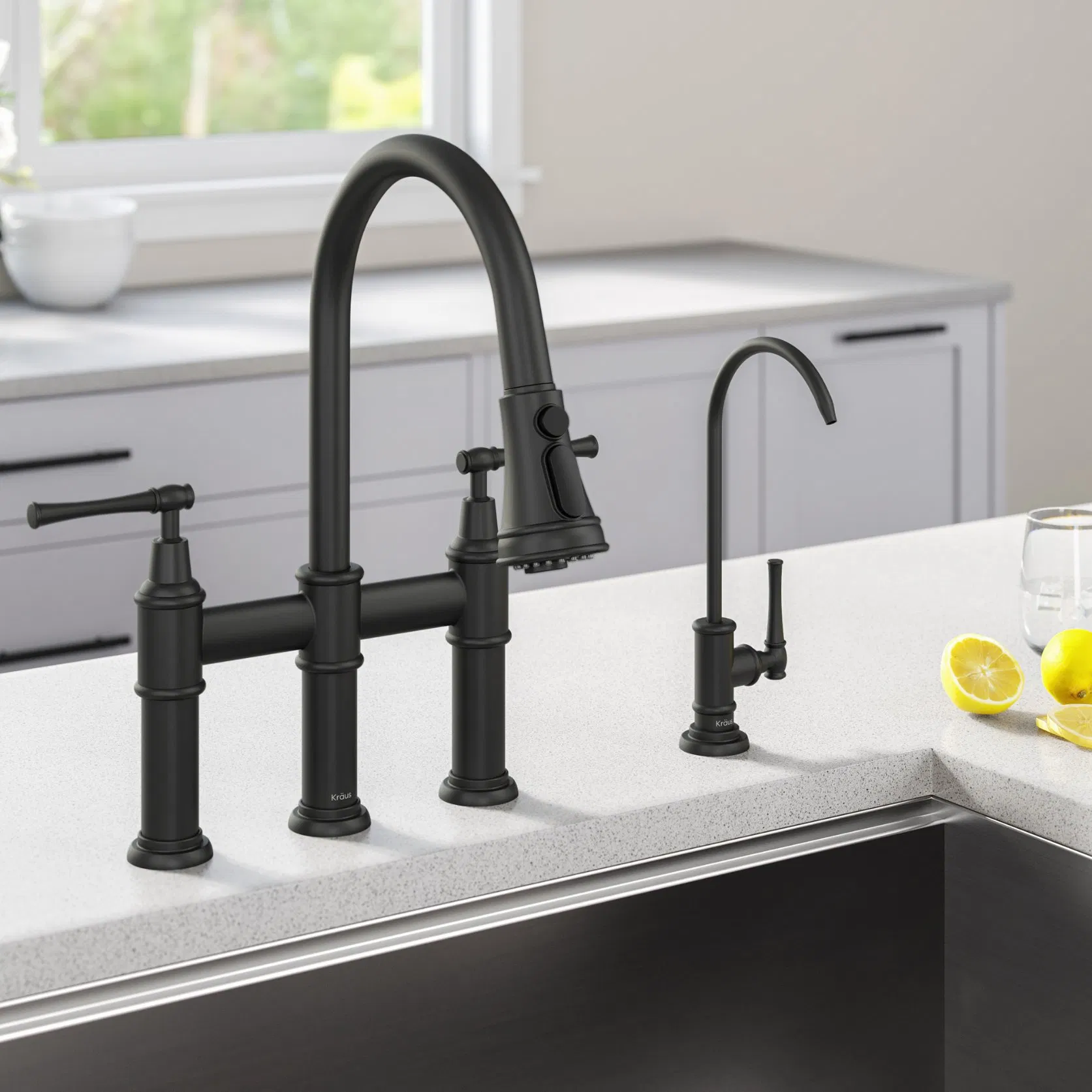 Aquacubic Matte Black Transitional Bridge Kitchen Faucet with Pull Down Sprayer