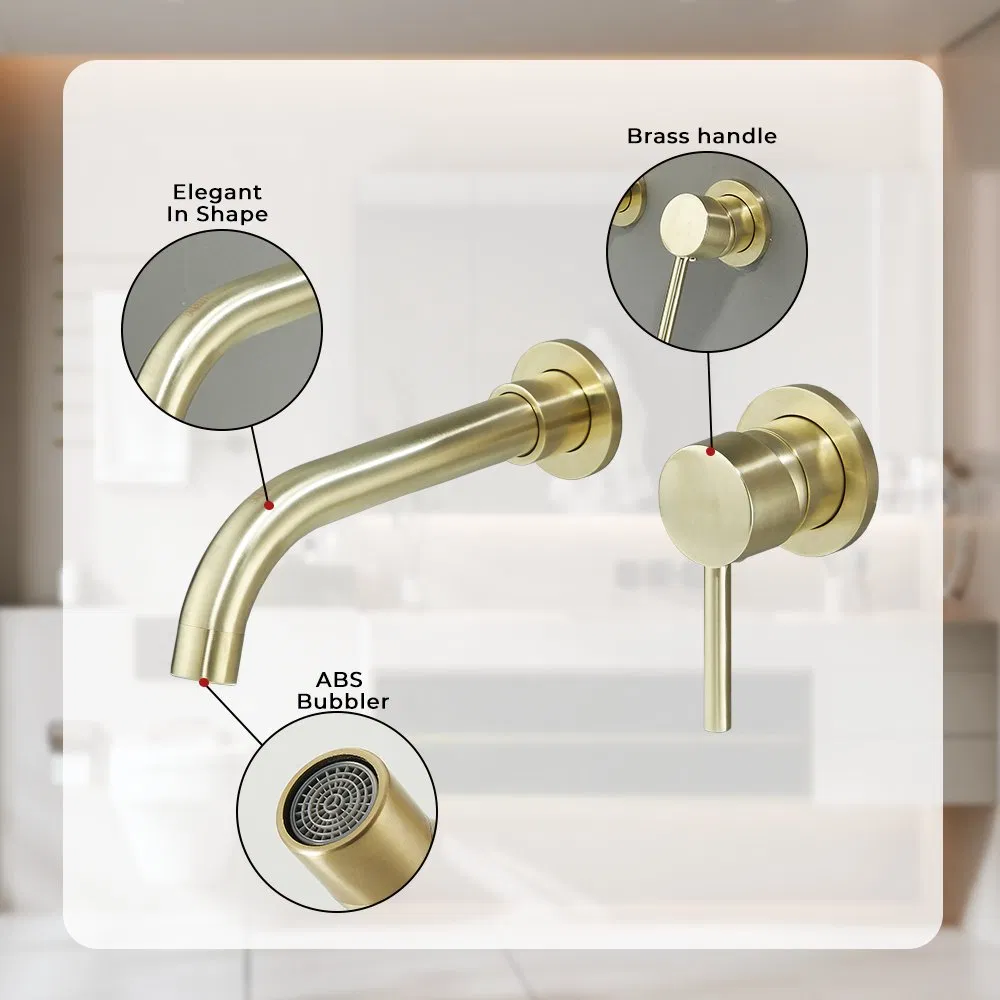 Brushed Gold Hot and Cold Water Tap Wall Mounted Basin Faucet Tap Brass Body Bathroom Faucet