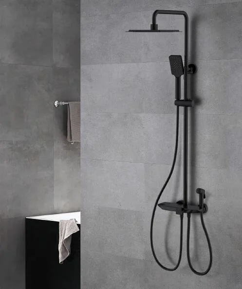 Latest Design Solid Brass Matte Black Four Functions Thermostatic Shower Valve with Shelf Thermostatic Shower Faucet