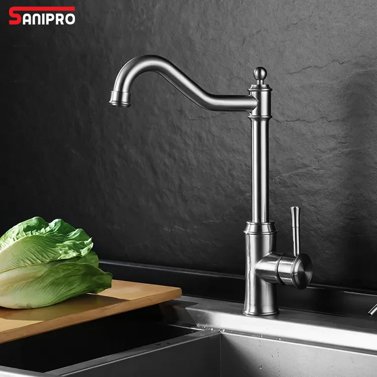 Sanipro Factory Direct Supply Bridge Single Lever Kitchen Mixer Sink Water Tap Antique Luxury Stainless Steel Faucets
