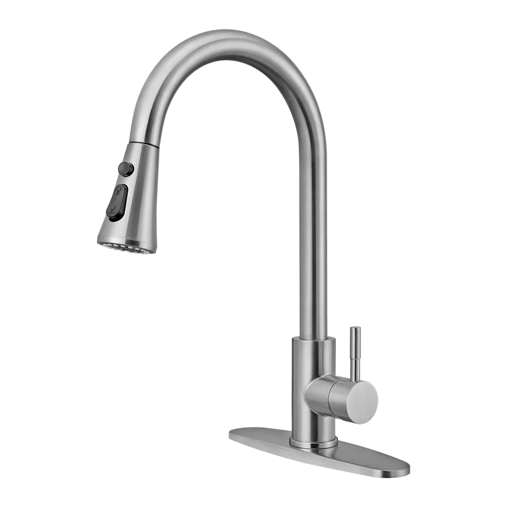 High Arc Brushed Nichel Pull-out Kitchen Faucet Tap with 3 Function Sprayer