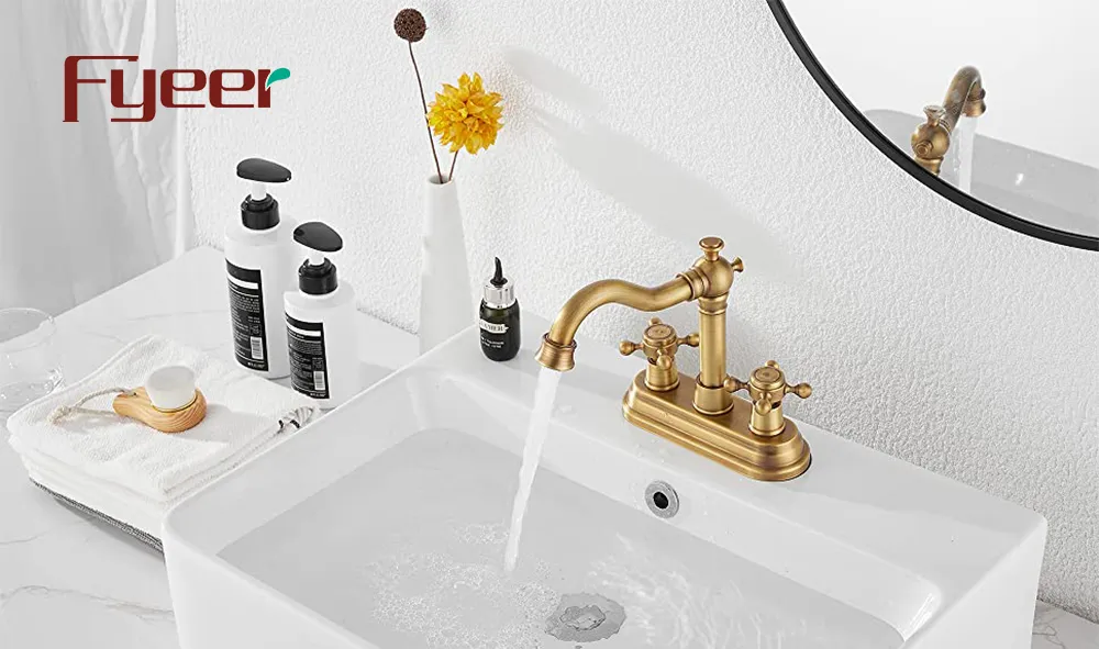 Double Hole Deck Mounted Antique Brass Bathroom Basin Mixer