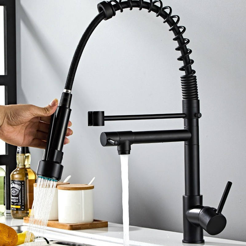 OEM Custom Modern Kitchen Spring Faucet Pull out Faucet with Sprayer Matte Black SUS 304 Faucet with Rain/Steam Mode