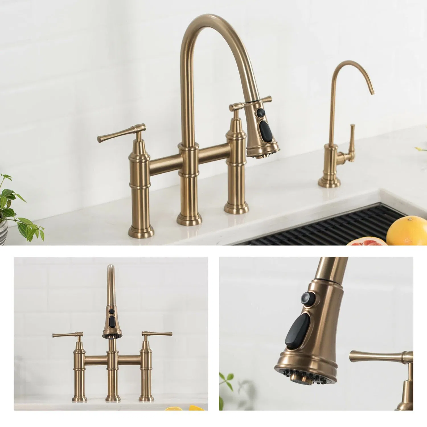 Aquacubic Brass 3 Hole Spot-Resistant Lead-Free Brushed Gold Bridge Kitchen Faucet with Pull Down Sprayer